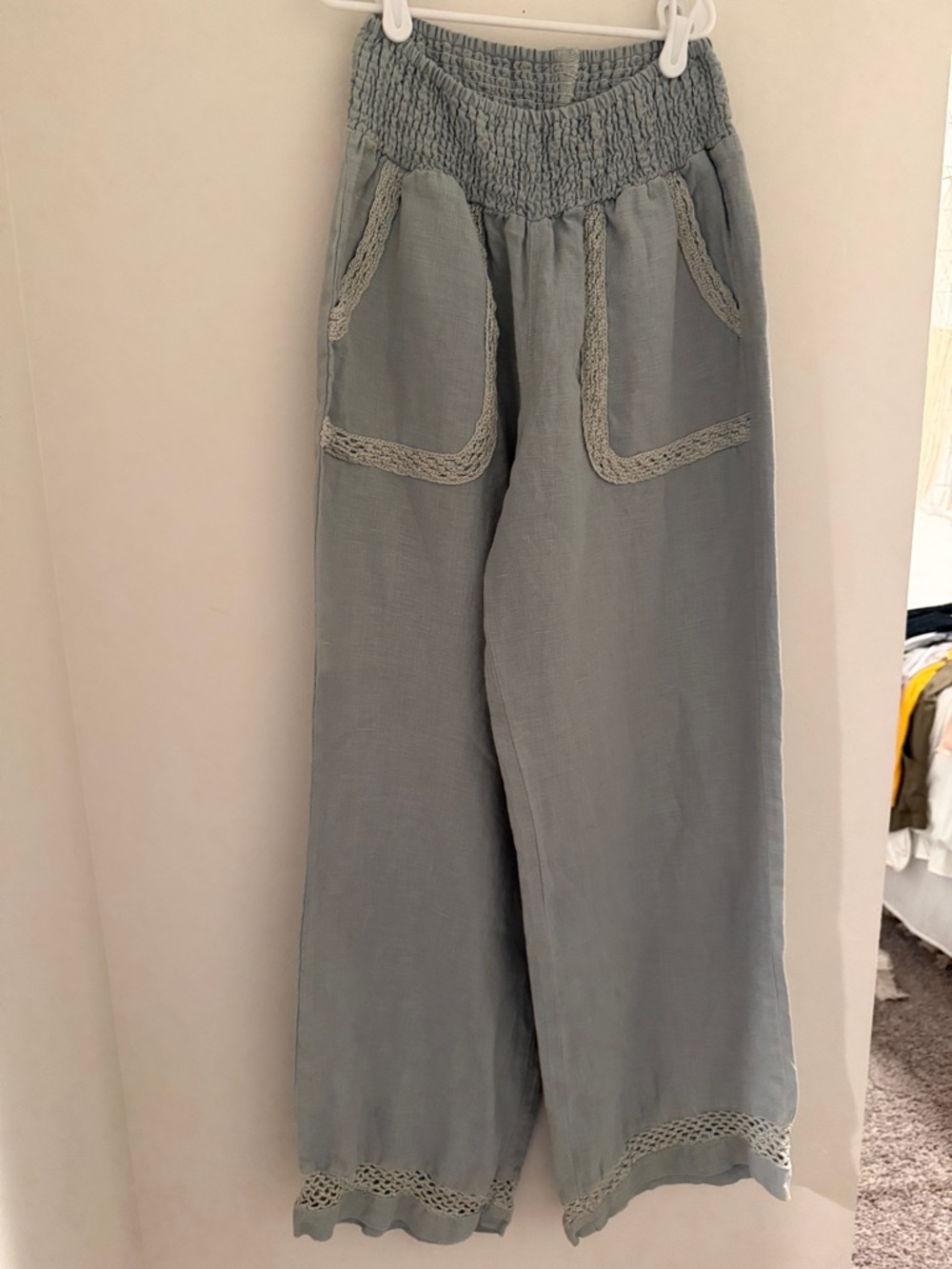 Light blue Wide-Leg linen Crochet Trim Pants